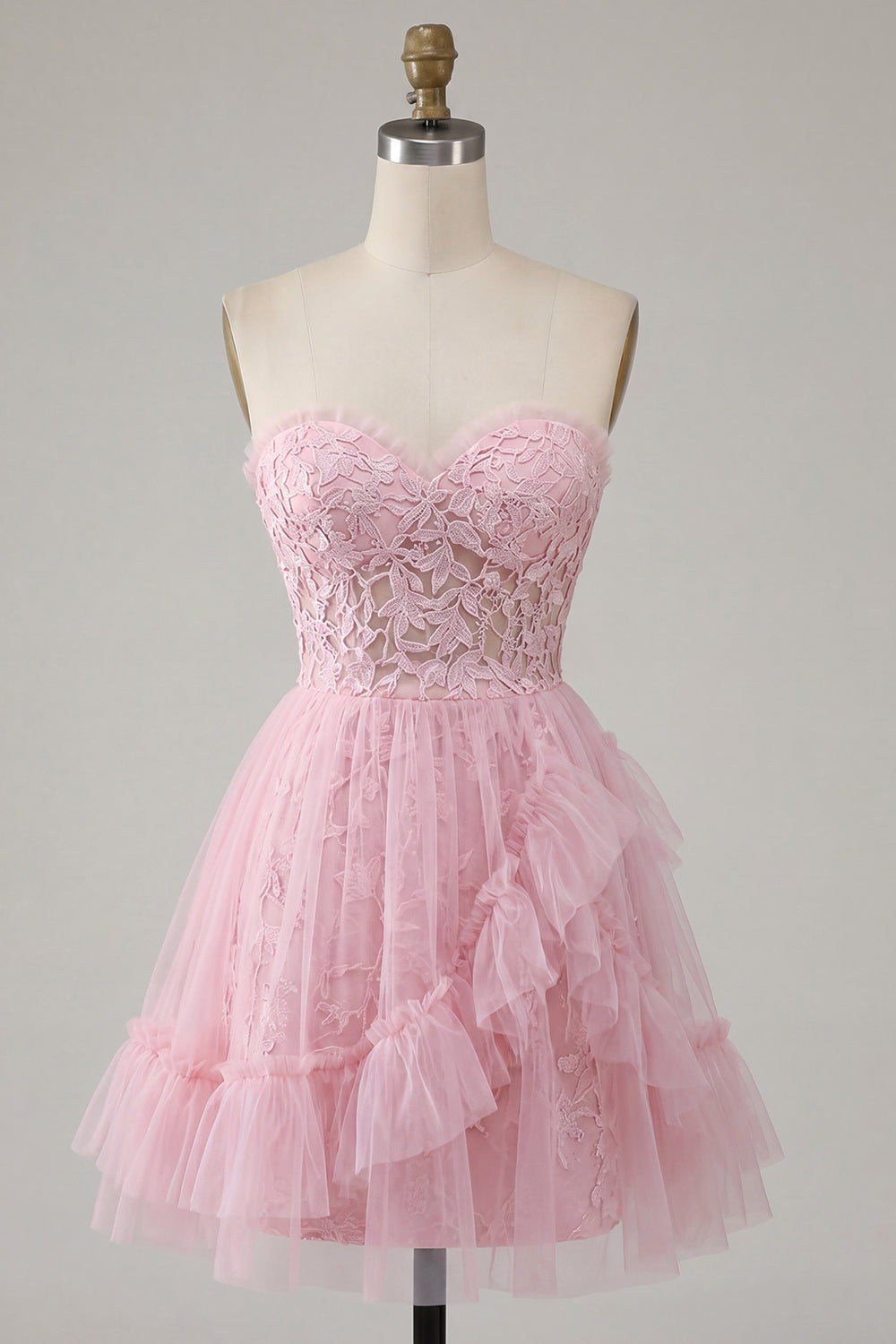 Lace Floral Ruffled Sweetheart A Line Pink Short Homecoming Dress