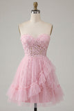 Lace Floral Ruffled Sweetheart A Line Pink Short Homecoming Dress
