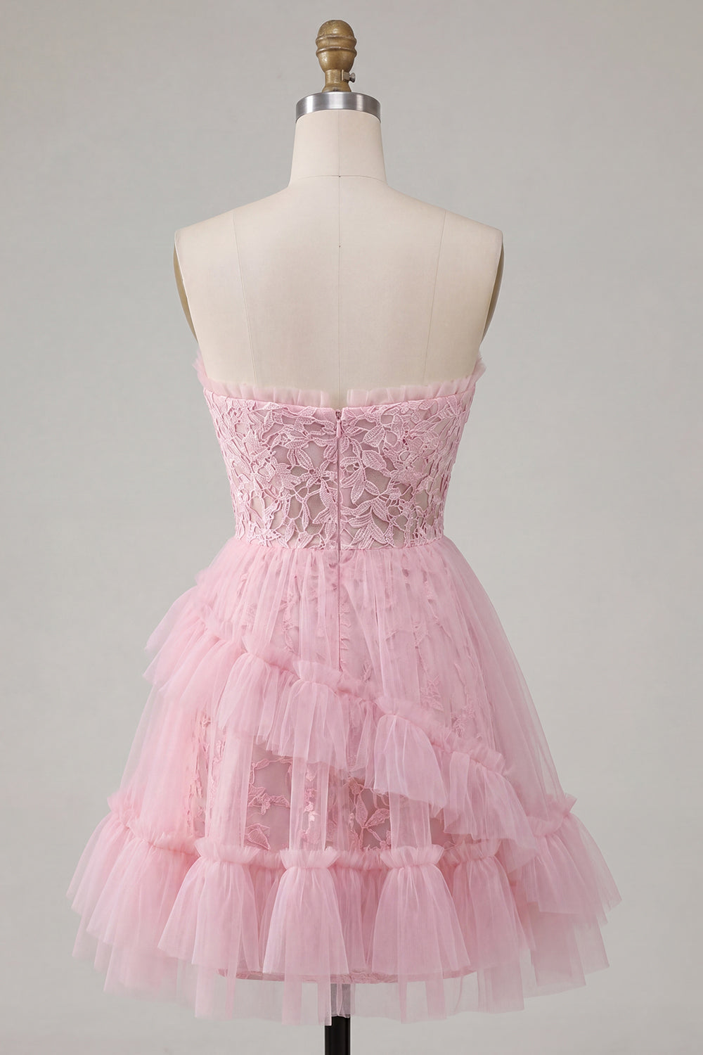 Lace Floral Ruffled Sweetheart A Line Pink Short Homecoming Dress
