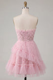 Lace Floral Ruffled Sweetheart A Line Pink Short Homecoming Dress