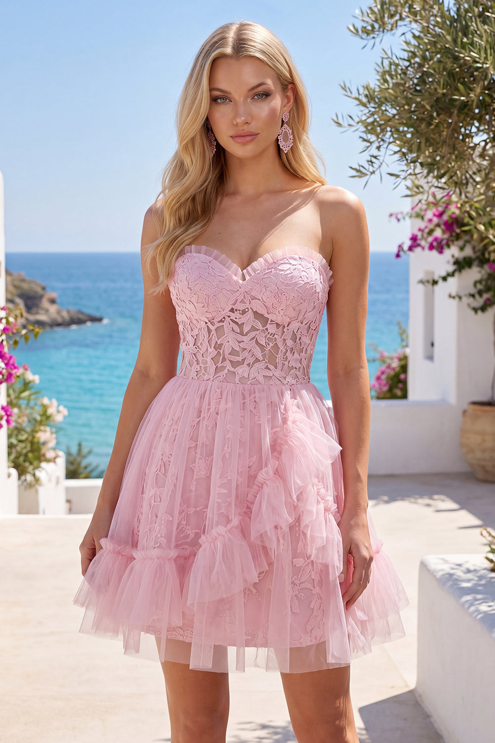 Lace Floral Ruffled Sweetheart A Line Pink Short Homecoming Dress
