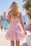 Lace Floral Ruffled Sweetheart A Line Pink Short Homecoming Dress