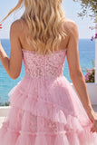 Lace Floral Ruffled Sweetheart A Line Pink Short Homecoming Dress