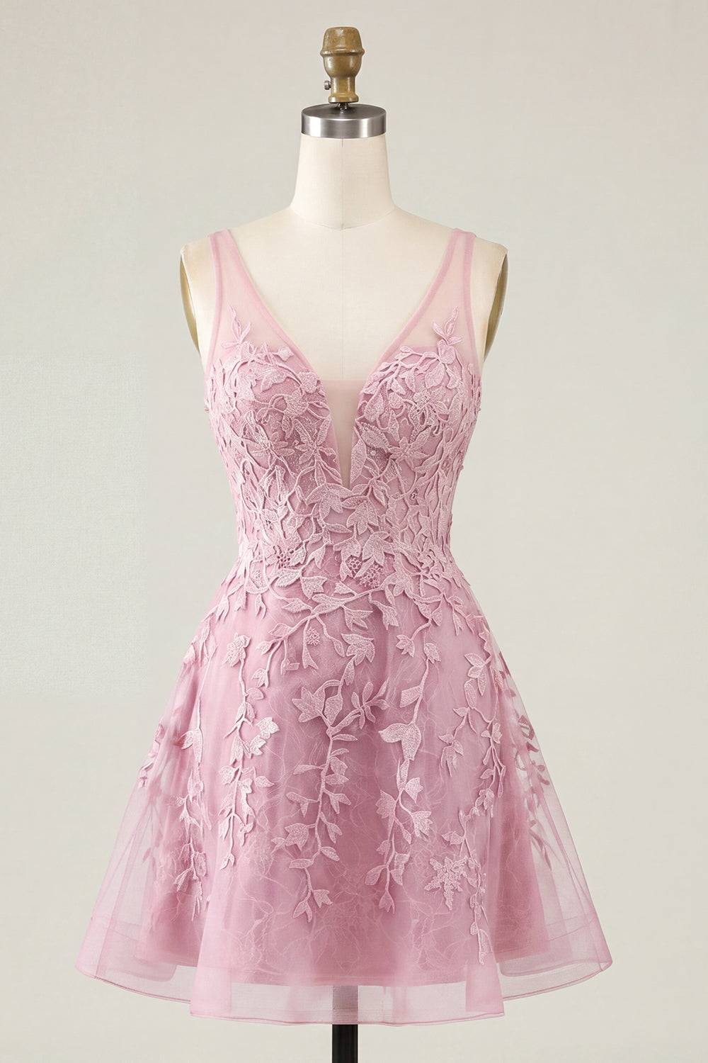 V-Neck A Line Lace Appliqued Pink Short Homecoming Dress