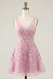 V-Neck A Line Lace Appliqued Pink Short Homecoming Dress