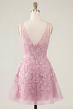 V-Neck A Line Lace Appliqued Pink Short Homecoming Dress