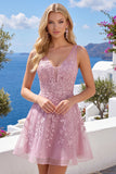 V-Neck A Line Lace Appliqued Pink Short Homecoming Dress