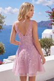V-Neck A Line Lace Appliqued Pink Short Homecoming Dress