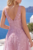V-Neck A Line Lace Appliqued Pink Short Homecoming Dress