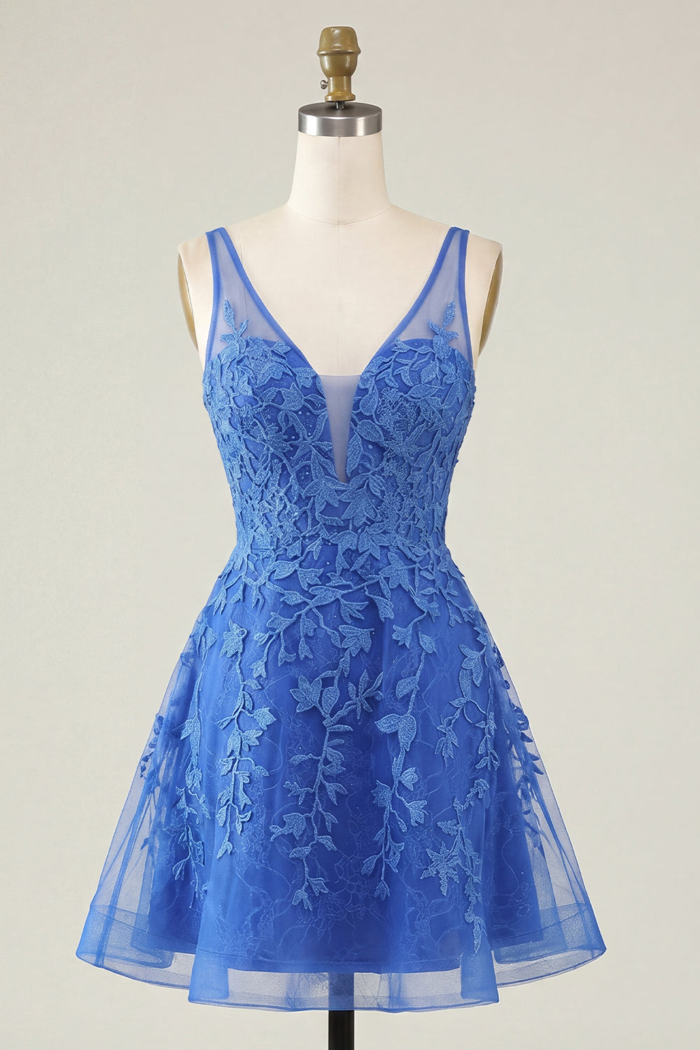 V-Neck A Line Lace Appliqued Pink Short Homecoming Dress