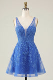 V-Neck A Line Lace Appliqued Pink Short Homecoming Dress