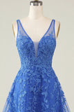 V-Neck A Line Lace Appliqued Pink Short Homecoming Dress