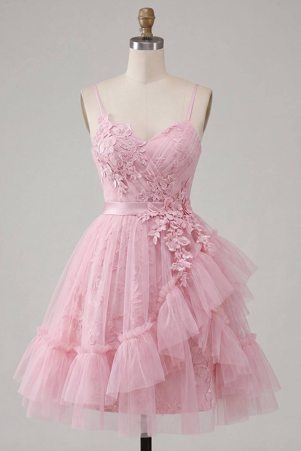 Tulle Floral Ruffled Spaghetti Straps A Line Pink Short Homecoming Dress