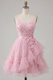 Tulle Floral Ruffled Spaghetti Straps A Line Pink Short Homecoming Dress