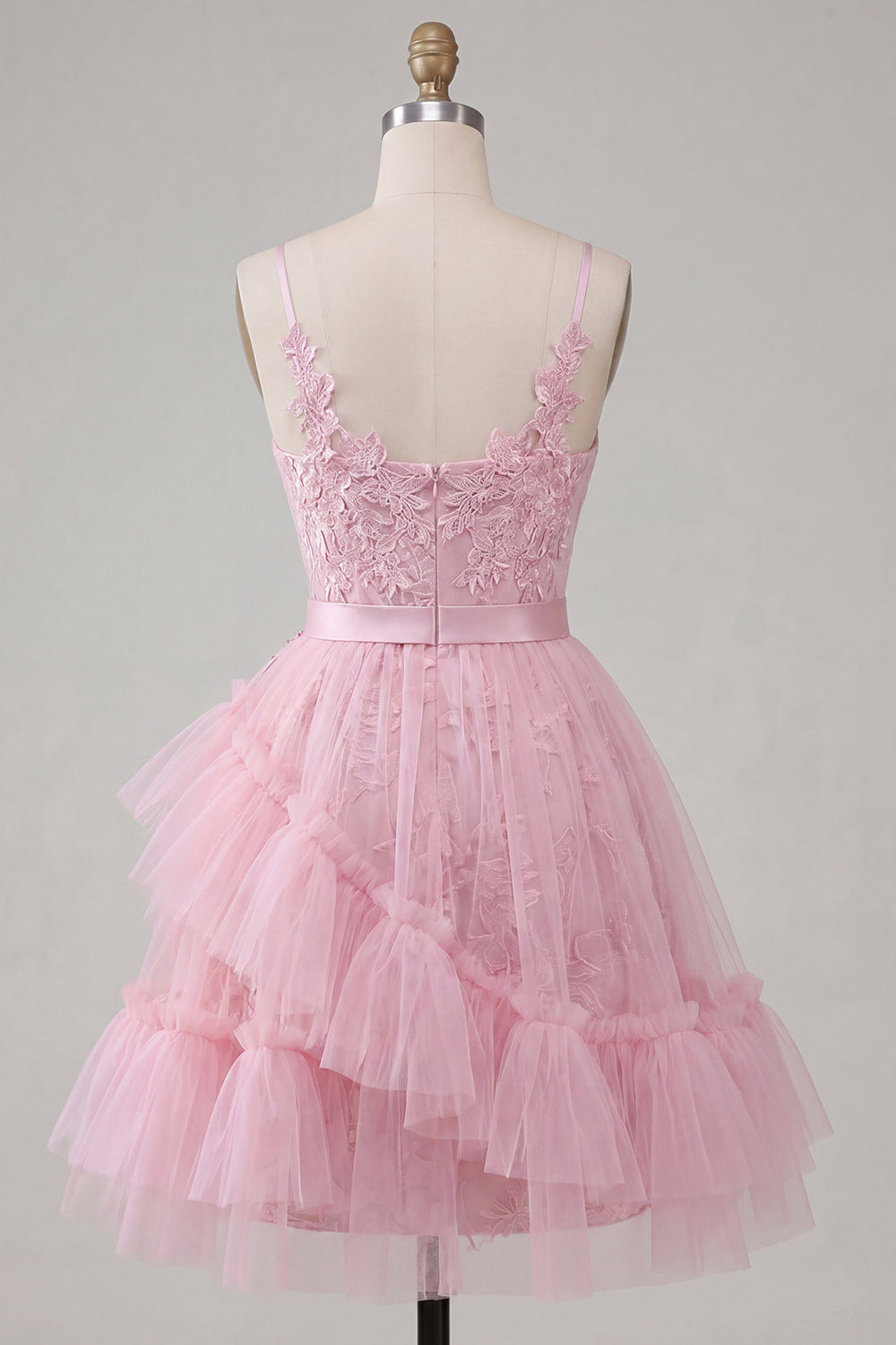 Tulle Floral Ruffled Spaghetti Straps A Line Pink Short Homecoming Dress