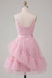 Tulle Floral Ruffled Spaghetti Straps A Line Pink Short Homecoming Dress