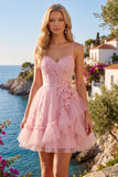 Tulle Floral Ruffled Spaghetti Straps A Line Pink Short Homecoming Dress