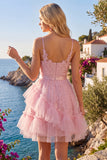 Tulle Floral Ruffled Spaghetti Straps A Line Pink Short Homecoming Dress