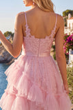 Tulle Floral Ruffled Spaghetti Straps A Line Pink Short Homecoming Dress