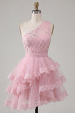 Tulle Floral Ruffled One Shoulder A Line Pink Short Homecoming Dress