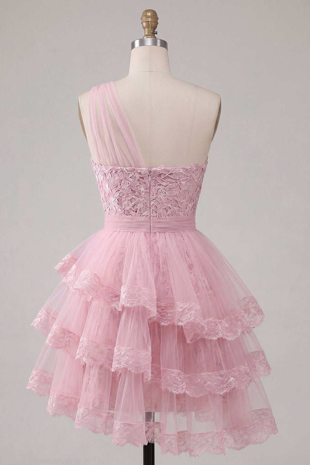 Tulle Floral Ruffled One Shoulder A Line Pink Short Homecoming Dress
