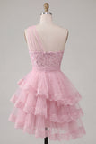 Tulle Floral Ruffled One Shoulder A Line Pink Short Homecoming Dress