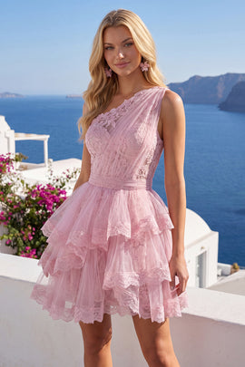 Tulle Floral Ruffled One Shoulder A Line Pink Short Homecoming Dress