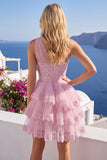 Tulle Floral Ruffled One Shoulder A Line Pink Short Homecoming Dress