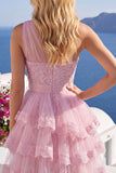 Tulle Floral Ruffled One Shoulder A Line Pink Short Homecoming Dress