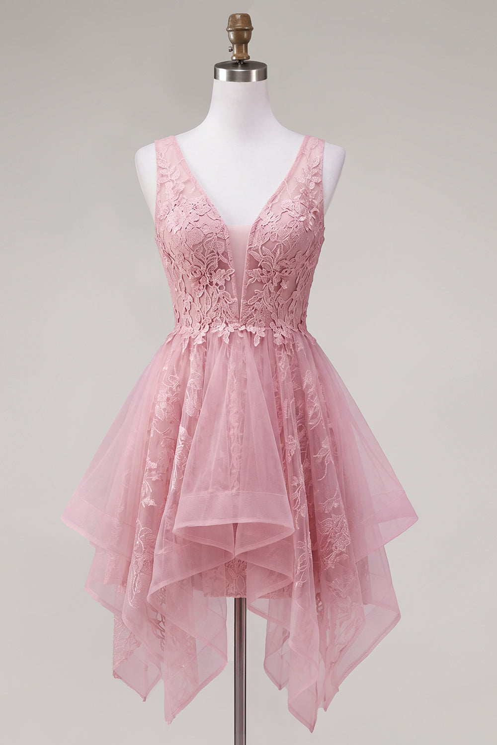 Lace Appliqued V-Neck A Line Pink Short Homecoming Dress
