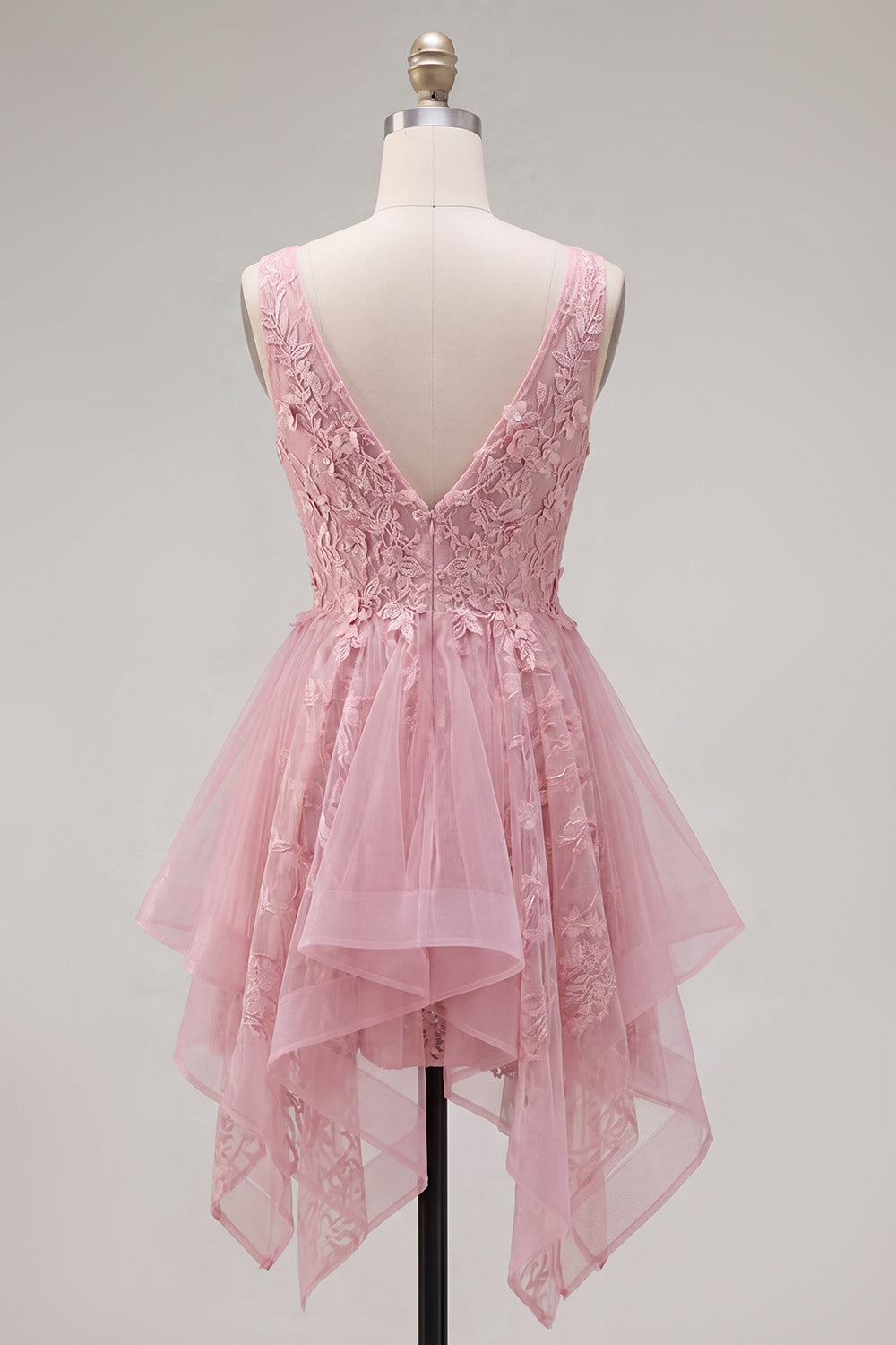 Lace Appliqued V-Neck A Line Pink Short Homecoming Dress