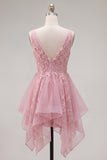 Lace Appliqued V-Neck A Line Pink Short Homecoming Dress