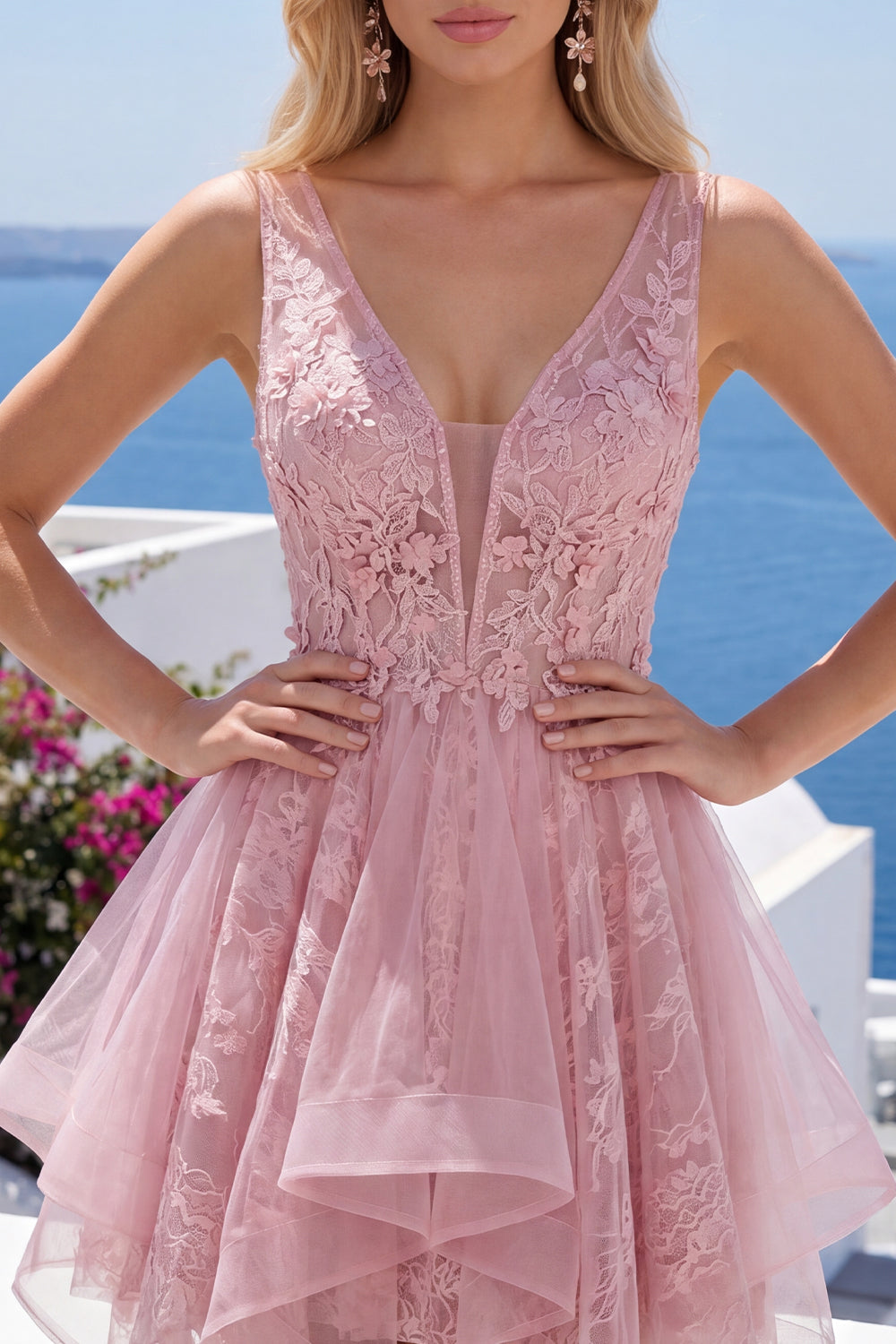 Lace Appliqued V-Neck A Line Pink Short Homecoming Dress