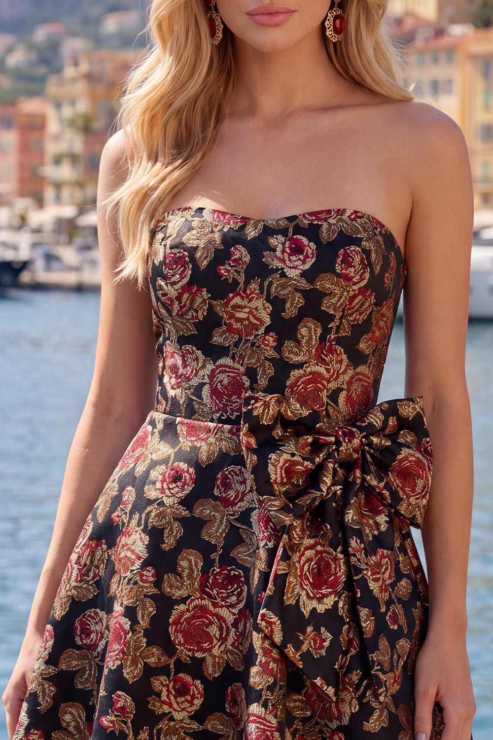 Fuchsia A Line Strapless Floral Short Homecoming Dress with Bow