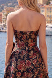 Fuchsia A Line Strapless Floral Short Homecoming Dress with Bow