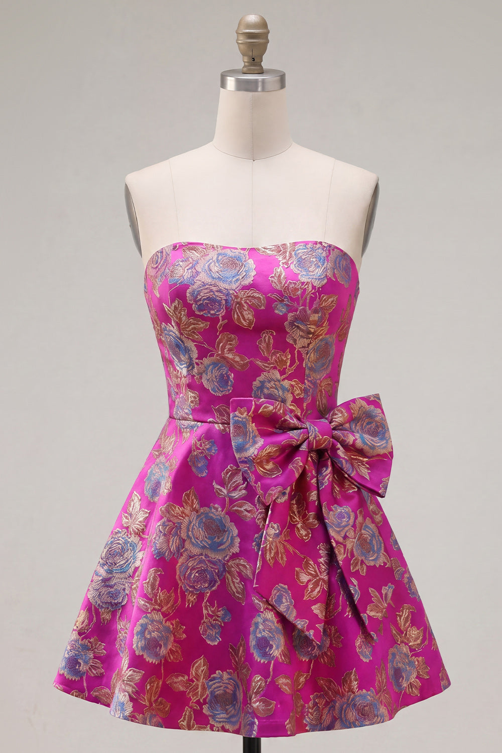 Fuchsia A Line Strapless Floral Short Homecoming Dress with Bow