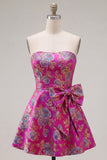 Fuchsia A Line Strapless Floral Short Homecoming Dress with Bow