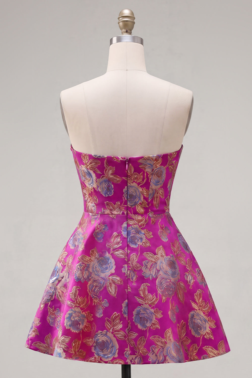 Fuchsia A Line Strapless Floral Short Homecoming Dress with Bow