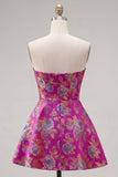 Fuchsia A Line Strapless Floral Short Homecoming Dress with Bow