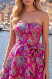 Fuchsia A Line Strapless Floral Short Homecoming Dress with Bow