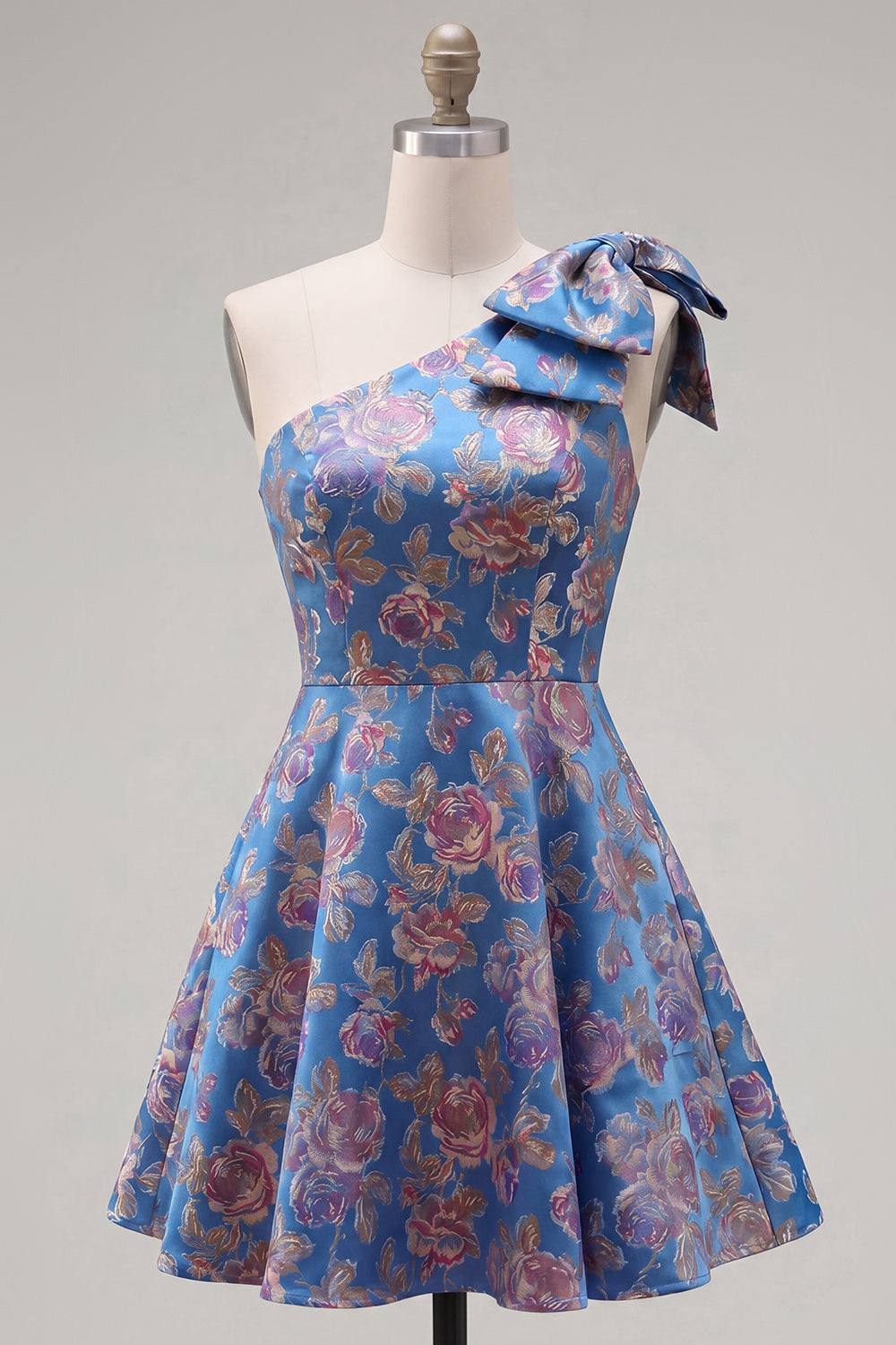 Blue A Line One Shoulder Floral Short Homecoming Dress with Bow