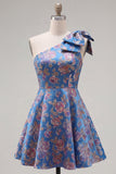 Blue A Line One Shoulder Floral Short Homecoming Dress with Bow