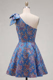 Blue A Line One Shoulder Floral Short Homecoming Dress with Bow