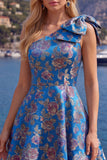 Blue A Line One Shoulder Floral Short Homecoming Dress with Bow