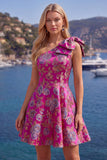 Blue A Line One Shoulder Floral Short Homecoming Dress with Bow