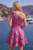 Blue A Line One Shoulder Floral Short Homecoming Dress with Bow