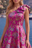 Blue A Line One Shoulder Floral Short Homecoming Dress with Bow