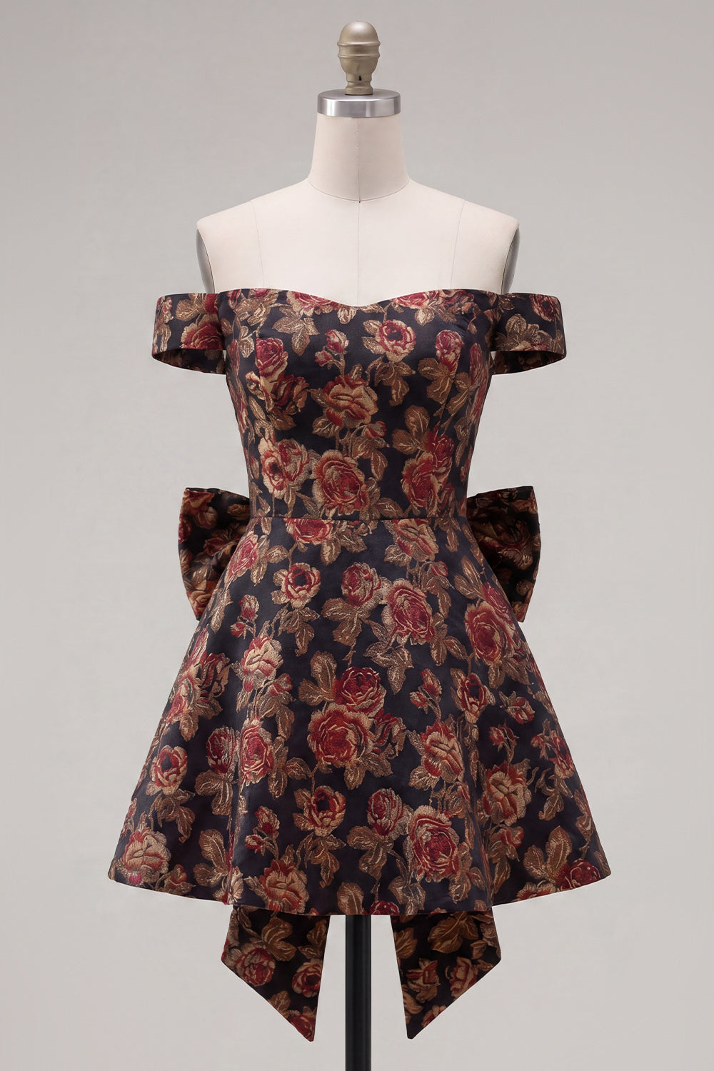 Black A Line Off the Shoulder Floral Short Homecoming Dress with Bow
