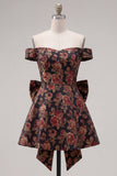 Black A Line Off the Shoulder Floral Short Homecoming Dress with Bow