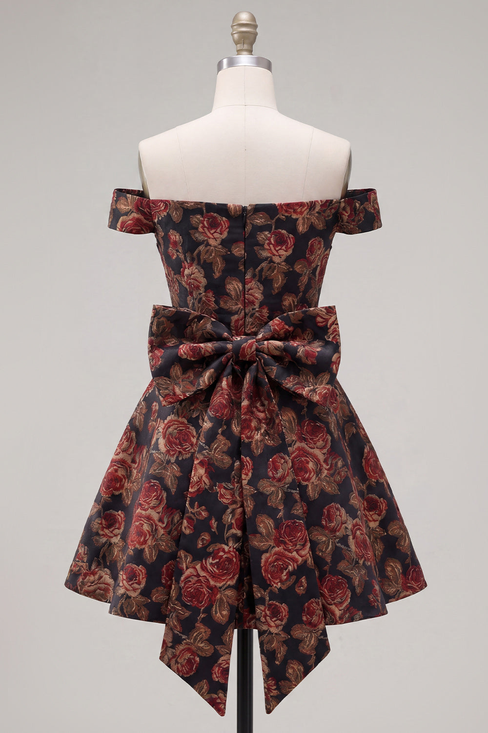 Black A Line Off the Shoulder Floral Short Homecoming Dress with Bow